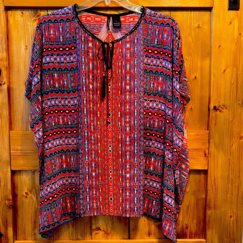 New Directions Red and Blue Patterned Blouse